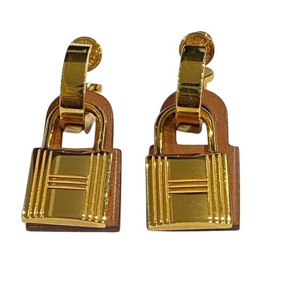 HERMES O'Kelly Cadena Hoop Earrings GP D Stamp Etoupe Gold Color Men's an...
